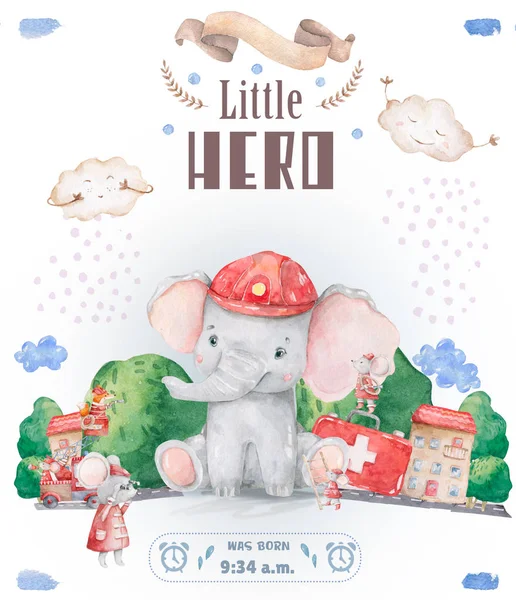 Little Hero cartão de boas-vindas bebê. Watercolor bonito ilustração, elefante colorido e mouse, desenhos animados da cidade no fundo branco. Aniversário e cartão de convite, animal de beleza. Banner com design de texto para criança — Fotografia de Stock