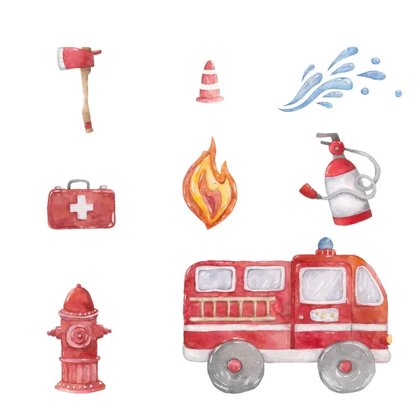 Desenhos animados aquarela conjunto bonito Firefighting e equipamentos de segurança contra incêndio ilustração. Buzzer leve e detector de incêndio, quartel de bombeiros e hidratante. Chuveiro de bebê arte clipe colorido vermelho. Cartão, cartaz — Fotografia de Stock