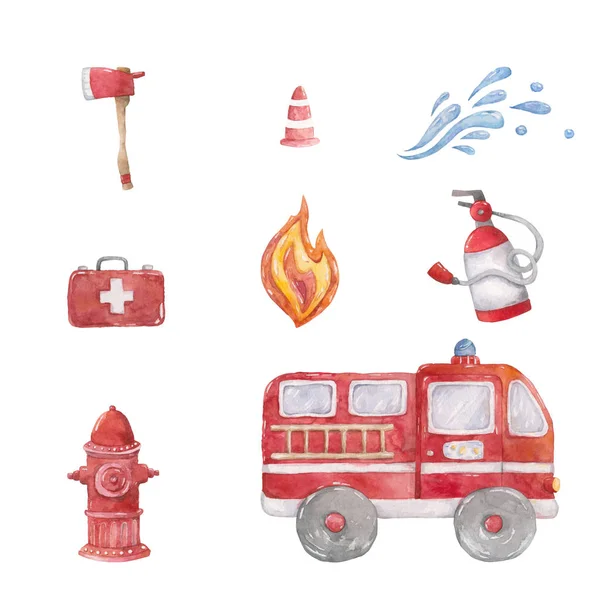 Suluboya karikatür sevimli set Firefighting ve yangın güvenlik ekipmanları illüstrasyon. Hafif alarm ve yangın dedektörü, Yangın İstasyonu ve hidrant. Bebek kırmızı renkli küçük resim duş. Kart, poster