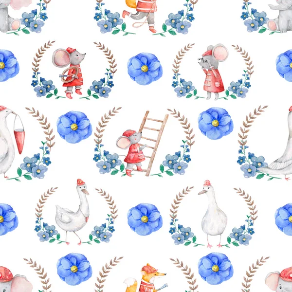 Cute animals in botanical frames blue flowers. Wild zoo in floral frames watercolor illustrations set. Goose, mouse cartoon characters Wildflowers and poppies. Semless pattern on white background