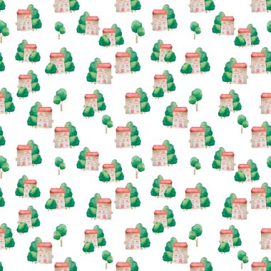 Karikatür evler ve ağaç Dikişsiz deseni. Hurda rezervasyonu için çocuk elemanları. Suluboya Illustration. Beyaz arka planda el çizilmiş küçük resim. Renkli boya. Tekstil için sevimli bebek tarzı desen.