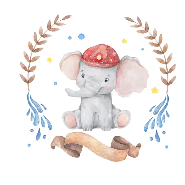 Niedliche Baby-Safari Tier Elefant schöne Blumen Kranz, Rahmen, Strauß Aquarell handgezeichnete Illustration auf weißem Hintergrund. isolierte niedliche Tier. Rettungsteam Baby-Cartoon laden Karte ein — Stockfoto