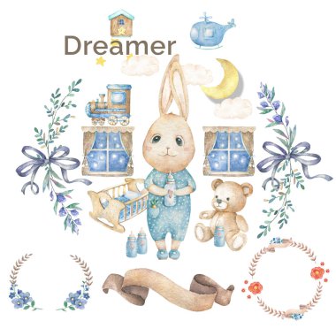 Suluboya şirin suluboya tavşanına da hava balon ve yıldız clipart izole. Kreş tavşan illüstrasyon. Bebek poster. Son moda pembe Karikatür hayvan. Doğum günü davetiye kart kutlama kartpostal