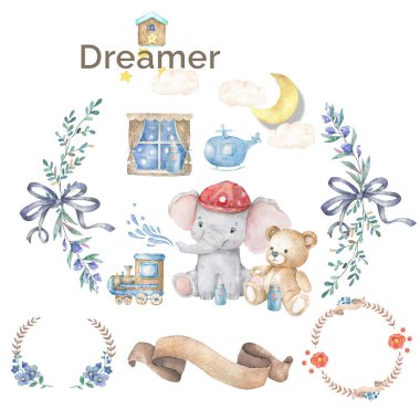 Sevimli Bebek Safari hayvan fil güzel çiçek çiçekler çelenk, çerçeve, buket beyaz arka planda suluboya el çizilmiş illüstrasyon. İzole sevimli hayvan. Kurtarma ekibi bebek karikatür kart davet