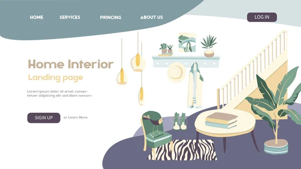 Klasik iç tasarım afiş. Açılış Sayfası Web Sitesi konsepti. Eviniz için rahat mobilyalar. Vektör düz karikatür illüstrasyon — Stok Vektör
