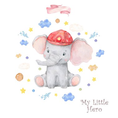 Sevimli Bebek Safari hayvan fil güzel çiçek çiçekler çelenk, çerçeve, buket beyaz arka planda suluboya el çizilmiş illüstrasyon. İzole sevimli hayvan. Kurtarma ekibi bebek karikatür kart davet