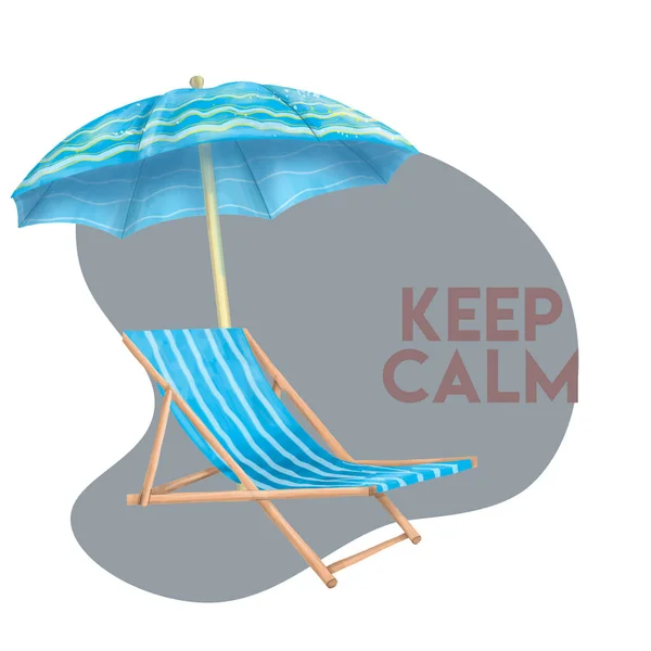 Playa de verano de mar, sombrillas, camas de playa patrón fondo blanco. El paraguas y el escritorio en la playa en las vacaciones veraniegas. dibujos animados ilustración patrón textil Mantenga la calma —  Fotos de Stock