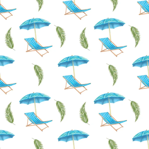 Sea summer beach, sun umbrellas, beach beds pattern white background. Umbrella and deskchair on a beach in summer day vacation. flat textile seamless pattern