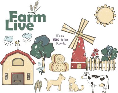 Çiftçi veya tarım işçilerinin bitki dikim seti, hasat toplama, elma toplama, çiftlik hayvanları besleme, meyve taşıyan, sağım, traktör üzerinde çalışan. Düz karikatür vektör illüstrasyon.