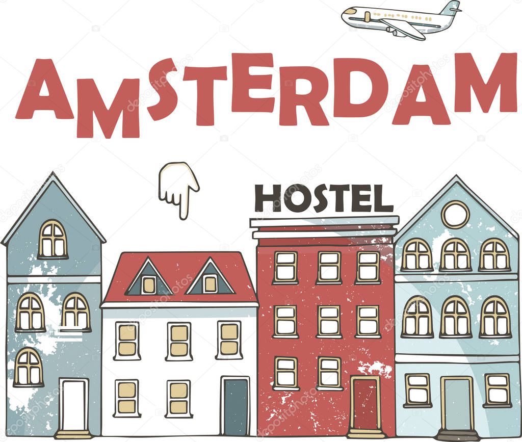 Netherlands, Amsterdam City line travel skyline set. Amsterdam City outline city vector illustration, symbol, travel sights, landmarks. Hand drawn clip art grange style. Cartoon. Hostel Travel