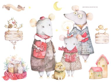 Kırmızı çizgili pullover ve köknar ağacı ile eşarp Little Mouse. Mutlu Noeller yazı alıntısı. Yeni yıl kartı, elle çizilmiş illüstrasyon. Suluboya hayvanlar ayarlayın. Tebrik kartı için aile kompozisyonu