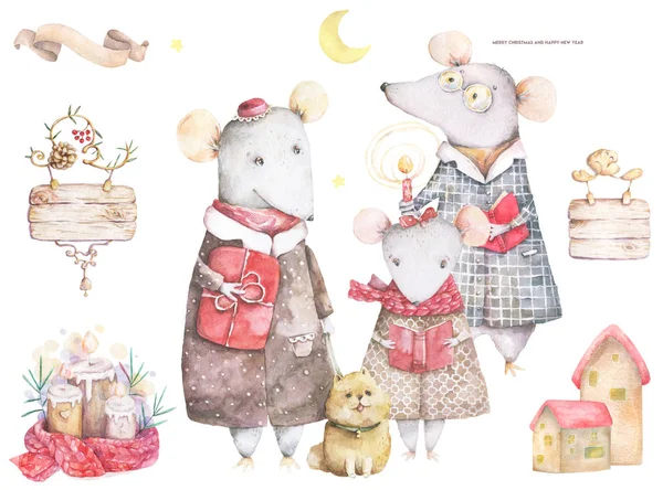 Kırmızı çizgili pullover ve köknar ağacı ile eşarp Little Mouse. Mutlu Noeller yazı alıntısı. Yeni yıl kartı, elle çizilmiş illüstrasyon. Suluboya hayvanlar ayarlayın. Tebrik kartı için aile kompozisyonu