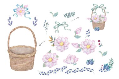 Çiçek suluboya ahşap sepet el çizilmiş illüstrasyon plaka sepeti beyaz arka plan çiçek yaratıcısı tebrik kartı ve kutlama daveti için resim