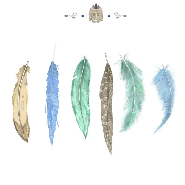 Aquarel Feather set. Hand getekende illustratie. Aquarel stijl. Vogel Boho glinsterende Clip Art. op witte achtergrond — Stockfoto