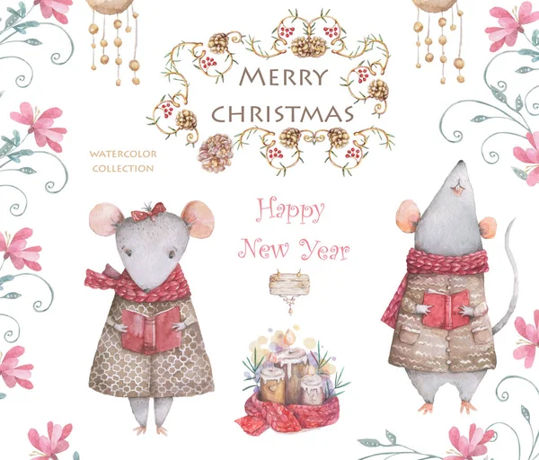 Cute cartoon christmas mouse christmas card. Акварель ручной работы животного. Иллюстрация новогоднего рисунка 2020 года. Символы 2020 года — стоковое фото