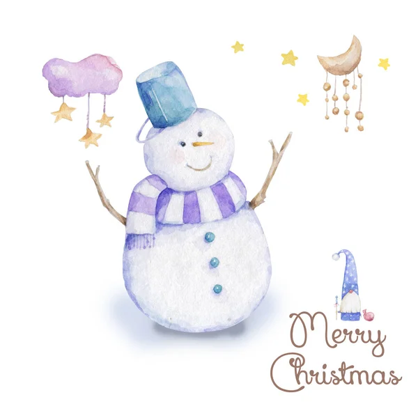 Акварель Рождественский снеговик, нарисованная вручную карикатура для печати детской футболки, дизайн модной печати, детская одежда, поздравительная открытка . — стоковое фото