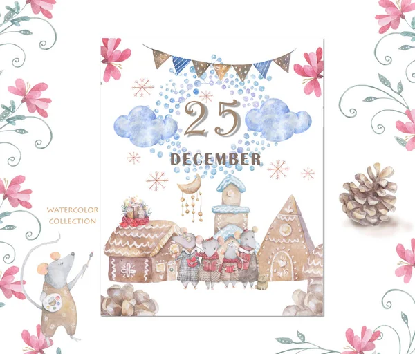 Cute watercolor cartoon rats and Gingerbread houses. Watercolor hand drawn animals illustration. New Year 2020 holiday drawing illustration. Symbol 2020 characters set. Merry Christmas gift card