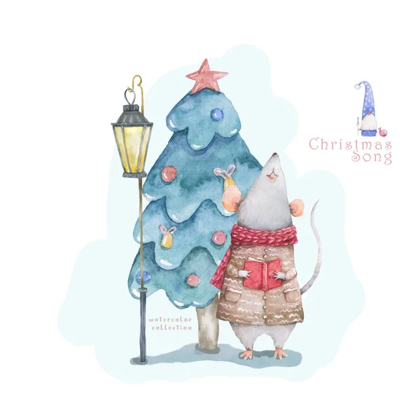 Cute cartoon christmas rat mouse and blue forest tree, vitage style lamp christmas card. Watercolor hand drawn animal illustration. New Year 2020 holiday drawing gift card isolated background