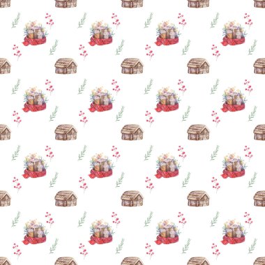 Suluboya dikişsiz desen Renkli boyama kırmızı eşarp ve Gingerbread ev Tatil illüstrasyon ile köknar dalları noel mum yanan mum çizilmiş. beyaz arka planda renkli