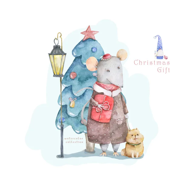 Cute cartoon christmas rat mouse with dog and blue forest tree, vitage style lamp christmas card. Watercolor hand drawn animal illustration. New Year 2020 holiday drawing gift card isolated background