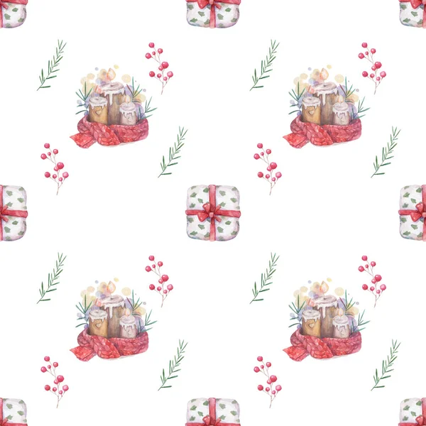 Akvarell sömlösa mönster handritade brinnande ljus i julljus Stake av Gran grenar med färgglada målning röd halsduk och pris rutan. Semester illustration. färgglada på vit bakgrund — Stockfoto