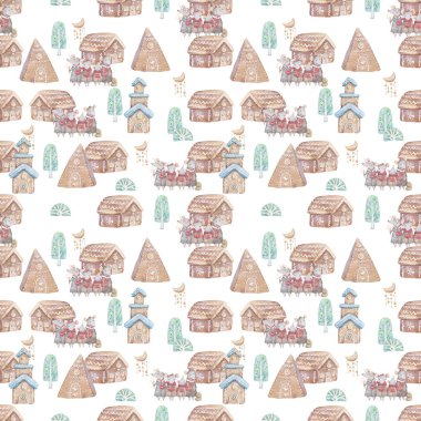 Suluboya Gingerbread ev noel ağacı ve sıçan ve ev, tatil sevimli bebek fare hayvanlar ile sorunsuz desenler. Noel ağacı kutlama gazetesi. Kış yeni yıl tasarımı