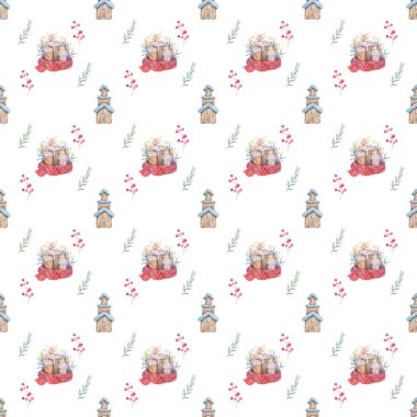 Suluboya dikişsiz desen Renkli boyama kırmızı eşarp ve Gingerbread ev Tatil illüstrasyon ile köknar dalları noel mum yanan mum çizilmiş. beyaz arka planda renkli