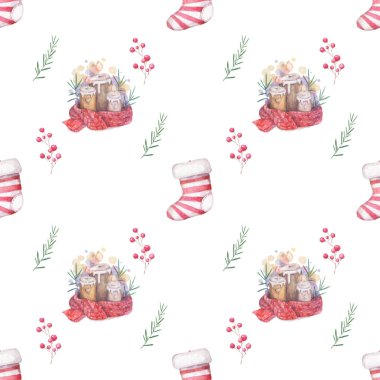Suluboya dikişsiz desen Renkli boyama kırmızı eşarp ve çorap ile köknar dalları noel mum yanan el çizilmiş. Tatil illüstrasyon. beyaz arka planda renkli