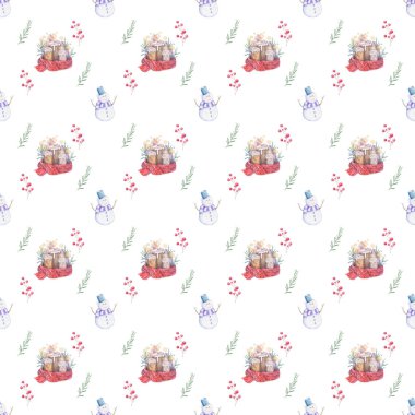 Suluboya dikişsiz desen Renkli boyama kırmızı eşarp ve kardan adam ile köknar dalları noel mum yanan el çizilmiş. Tatil illüstrasyon. beyaz arka planda renkli