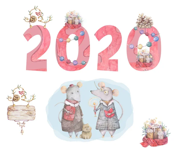 귀여운 만화 크리스마스 쥐 마우스 크리스마스 카드입니다. 수채화 손으로 그린 동물 그림입니다. 새해 2020 휴일 그림입니다. 화려한 쥐와 촛불, 인사말 카드를위한 나무 프레임 — 스톡 사진