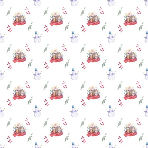 Aquarel naadloze patroon hand getrokken brandende kaars in kerst kandelaar van FIR takken met kleurrijk schilderij rode sjaal en sneeuwpop. Vakantie illustratie. kleurrijk op witte achtergrond — Stockfoto