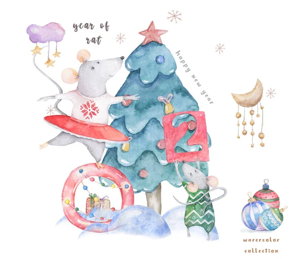 Sevimli suluboya karikatür sıçan ve ladin ağacı. Suluboya el çizilmiş hayvanlar illüstrasyon. Yeni Yıl 2020 tatil çizim illüstrasyon. Sembol 2020merry Noel hediye kartı. Tebrik kartpostalı