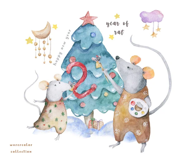 Sevimli suluboya karikatür sıçan ve ladin ağacı. Suluboya el çizilmiş hayvanlar illüstrasyon. Yeni Yıl 2020 tatil çizim illüstrasyon. Sembol 2020merry Noel hediye kartı. Tebrik kartpostalı