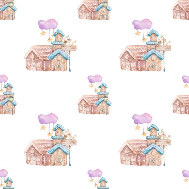 Suluboya Gingerbread ev noel ağacı ve sıçan ve ev, tatil sevimli bebek fare hayvanlar ile sorunsuz desenler. Noel ağacı kutlama gazetesi. Kış yeni yıl tasarımı