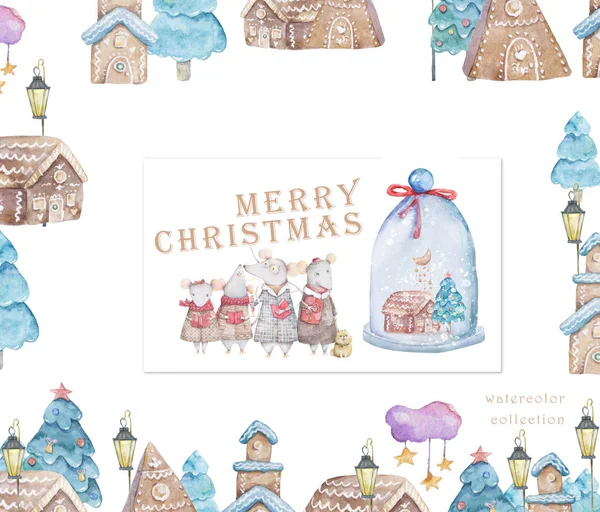 Sevimli suluboya karikatür sıçan ve Gingerbread evler. Suluboya el çizilmiş hayvanlar illüstrasyon. Yeni Yıl 2020 tatil çizim illüstrasyon. Sembol 2020merry Noel hediye kartı. Tebrik kartpostalı — Stok fotoğraf