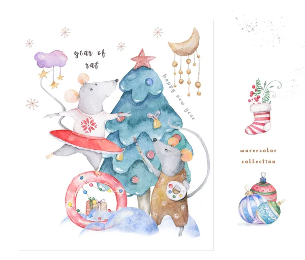 Cute watercolor cartoon rats and spruce tree. Watercolor hand drawn animals illustration. New Year 2020 holiday drawing illustration. Symbol 2020 Merry Christmas gift card. Greeting postcard