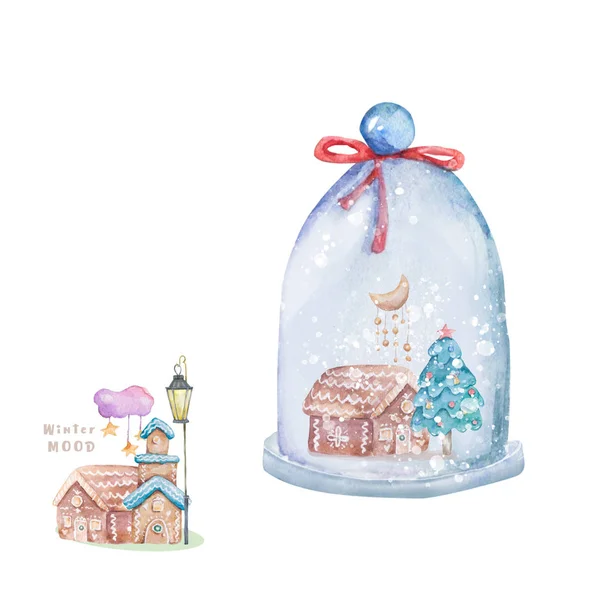 Watercolor Gingerbread house with christmas tree, holiday. Christmas tree celebration paper. Winter new year design