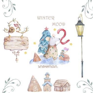 Sevimli suluboya karikatür sıçan ve ladin ağacı. Suluboya el çizilmiş hayvanlar illüstrasyon. Yeni Yıl 2020 tatil çizim illüstrasyon. Sembol 2020 Mutlu Noeller hediye kartı. Tebrik kartpostalı