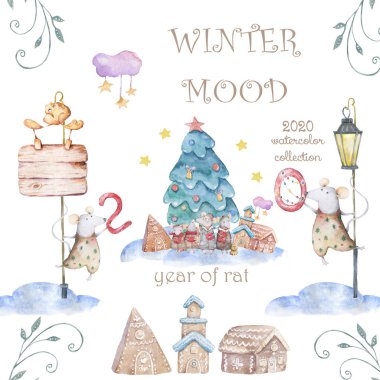 Sevimli suluboya karikatür sıçan ve ladin ağacı. Suluboya el çizilmiş hayvanlar illüstrasyon. Yeni Yıl 2020 tatil çizim illüstrasyon. Sembol 2020 Mutlu Noeller hediye kartı. Tebrik kartpostalı