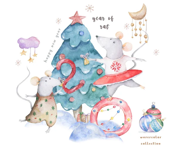 귀여운 수채화 만화 쥐와 가문비 나무. 수채화 손으로 그린 동물 그림입니다. 새해 2020 휴일 그림그림입니다. 기호 2020메리 크리스마스 선물 카드. 인사말 엽서 — 스톡 사진