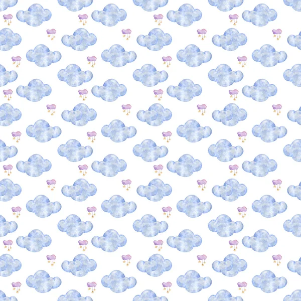 light blue watercolor clouds pattern seamless on white background Hand drawn illustration