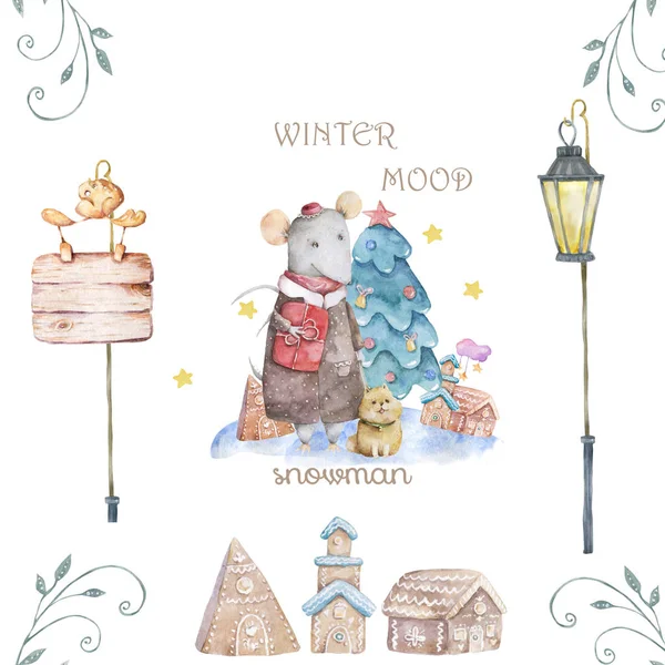 귀여운 수채화 만화 쥐와 가문비 나무. 수채화 손으로 그린 동물 그림입니다. 새해 2020 휴일 그림그림입니다. 기호 2020 메리 크리스마스 선물 카드입니다. 인사말 엽서 — 스톡 사진