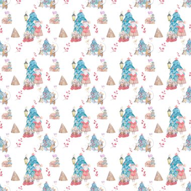 Suluboya Merry Christmas noel ladin ağaç ve sıçan ve ev, tatil sevimli bebek fare hayvanlar ile sorunsuz desenler. Noel ağacı kutlama gazetesi. Kış yeni yıl tasarımı