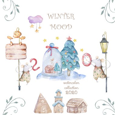 Sevimli suluboya karikatür sıçan ve ladin ağacı. Suluboya el çizilmiş hayvanlar illüstrasyon. Yeni Yıl 2020 tatil çizim illüstrasyon. Sembol 2020 Mutlu Noeller hediye kartı. Tebrik kartpostalı