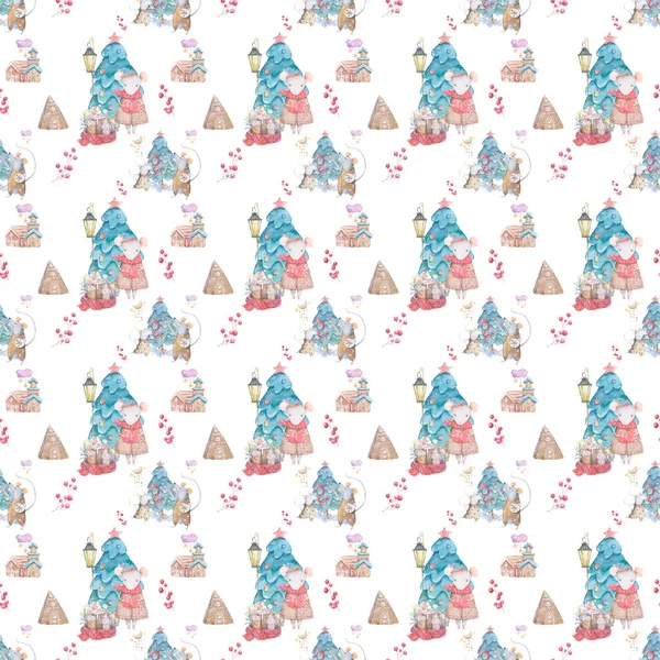 Suluboya Merry Christmas noel ladin ağaç ve sıçan ve ev, tatil sevimli bebek fare hayvanlar ile sorunsuz desenler. Noel ağacı kutlama gazetesi. Kış yeni yıl tasarımı — Stok fotoğraf