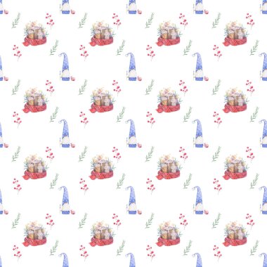 Suluboya dikişsiz desen Renkli boyama kırmızı eşarp ve mavi Santa ile köknar dalları noel mum yanan el çizilmiş. Tatil illüstrasyon. beyaz arka planda renkli