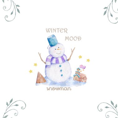 Suluboya Noel Kardan Adam , bebek t-shirt baskı için el çizilmiş karikatür illüstrasyon, moda baskı tasarımı, çocuk giyim, bebek duş kutlama tebrik ve davet kartı.