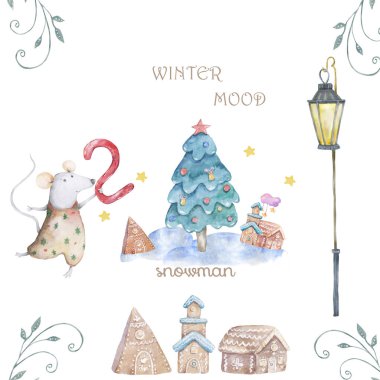 Sevimli suluboya karikatür sıçan ve ladin ağacı. Suluboya el çizilmiş hayvanlar illüstrasyon. Yeni Yıl 2020 tatil çizim illüstrasyon. Sembol 2020 Mutlu Noeller hediye kartı. Tebrik kartpostalı