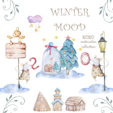 Sevimli suluboya karikatür sıçan ve ladin ağacı. Suluboya el çizilmiş hayvanlar illüstrasyon. Yeni Yıl 2020 tatil çizim illüstrasyon. Sembol 2020 Mutlu Noeller hediye kartı. Tebrik kartpostalı