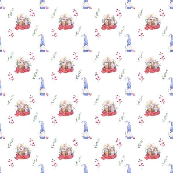 Suluboya dikişsiz desen Renkli boyama kırmızı eşarp ve mavi Santa ile köknar dalları noel mum yanan el çizilmiş. Tatil illüstrasyon. beyaz arka planda renkli